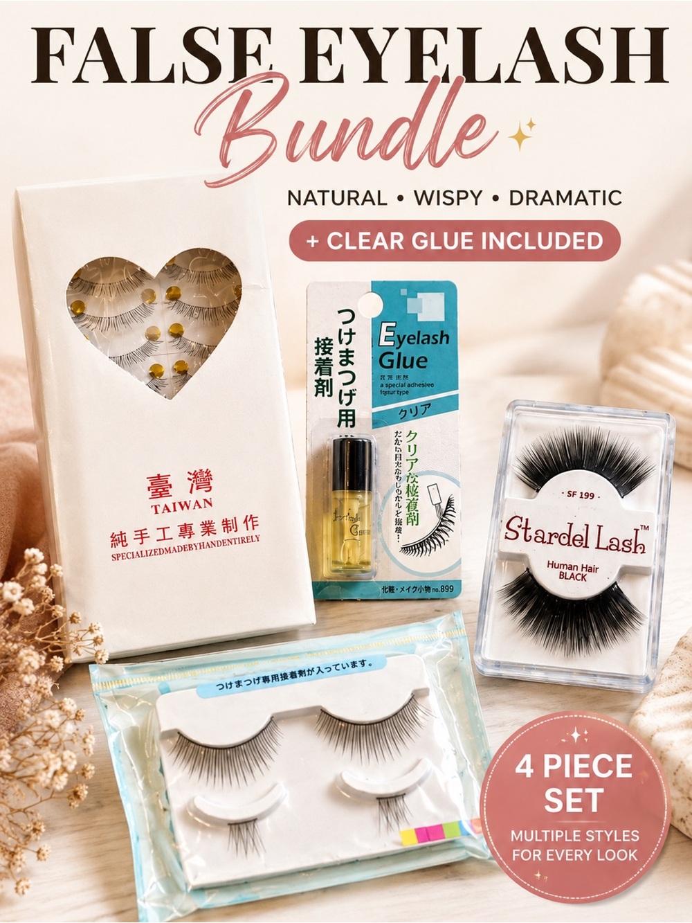 False Eyelash Lash Bundle Human Hair Natural Dramatic + Clear Glue